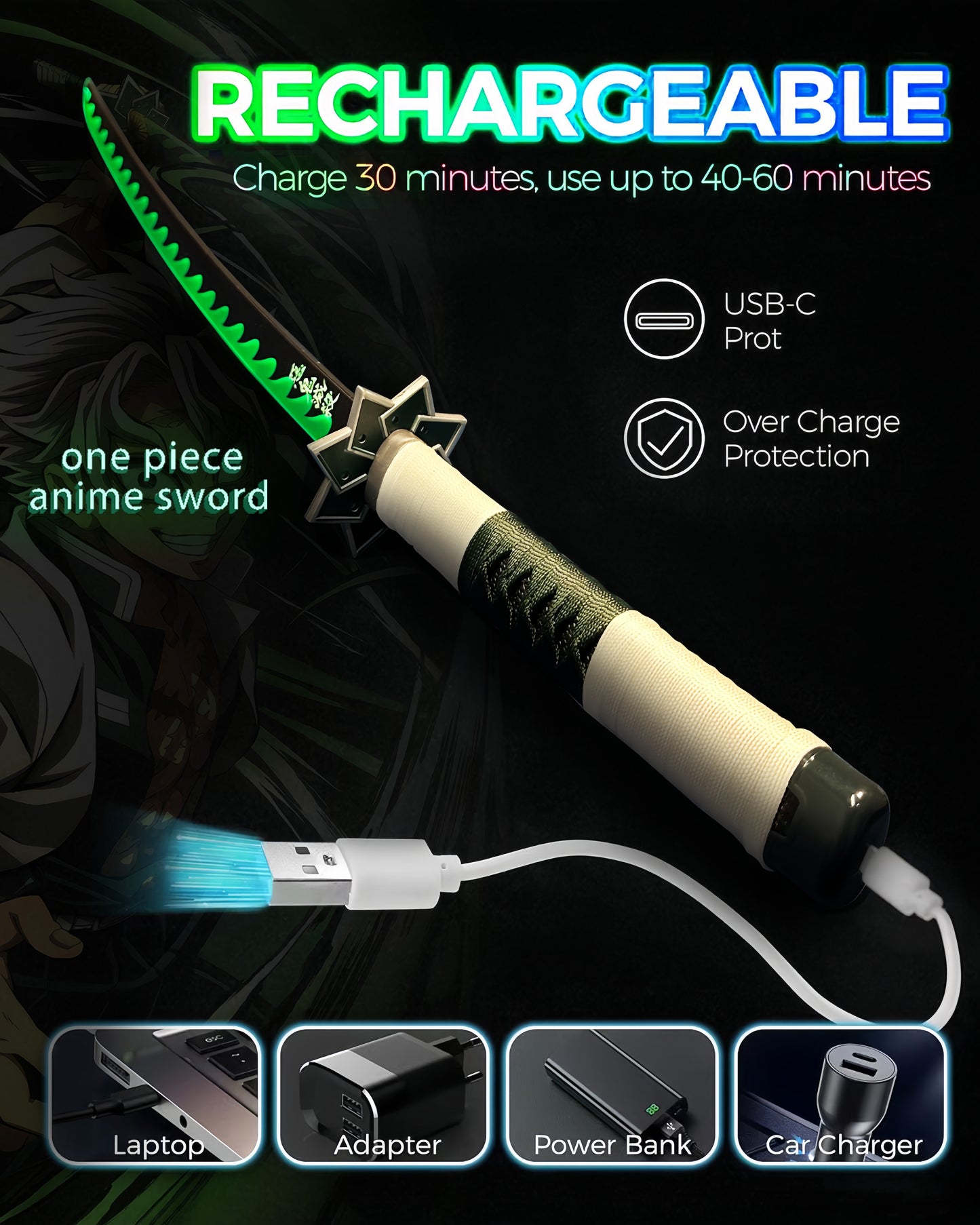 Light Up Sword Demon Sword 2.0 Sanemi- Rechargeable, 40 Inch Plastic Anime Replica Light Up Katana with Belt & Stand - Anime Sword with Authentic Design