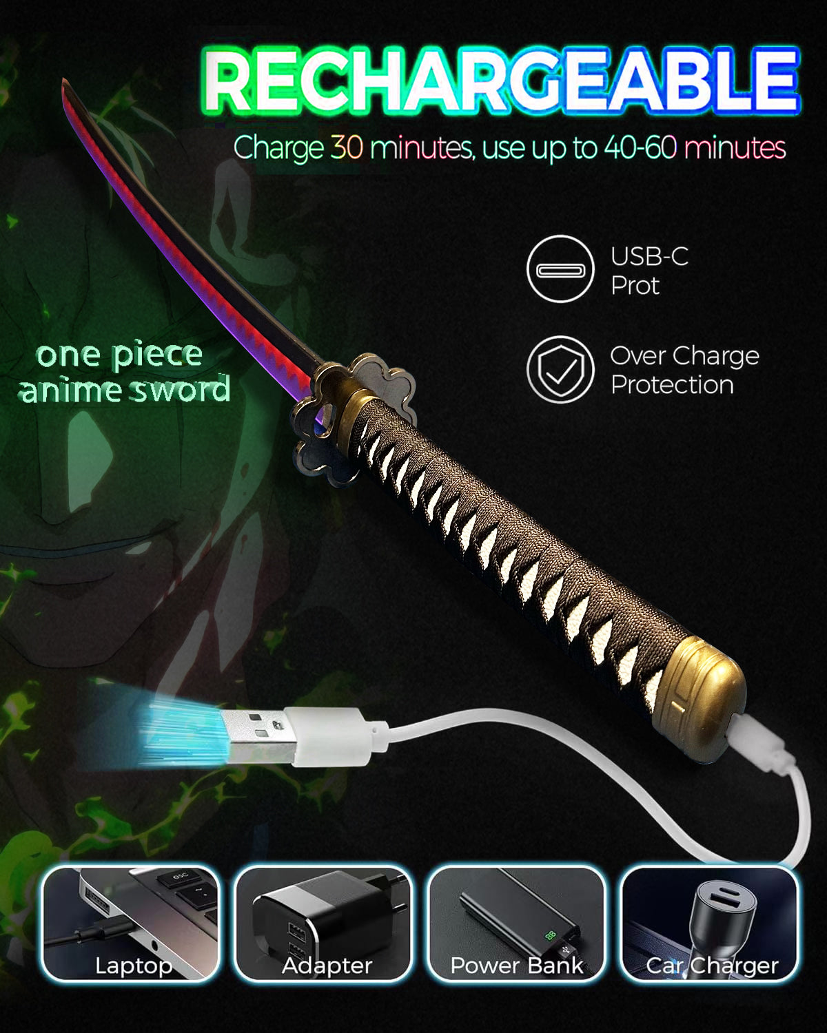 Light Up Sword Demon Sword 2.0 Shusui- Rechargeable, 40 Inch Plastic Anime Replica Light Up Katana with Belt & Stand - Anime Sword with Authentic Design